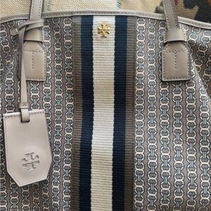 Tory Burch Patterned Tote with Navy and Cream Stripes